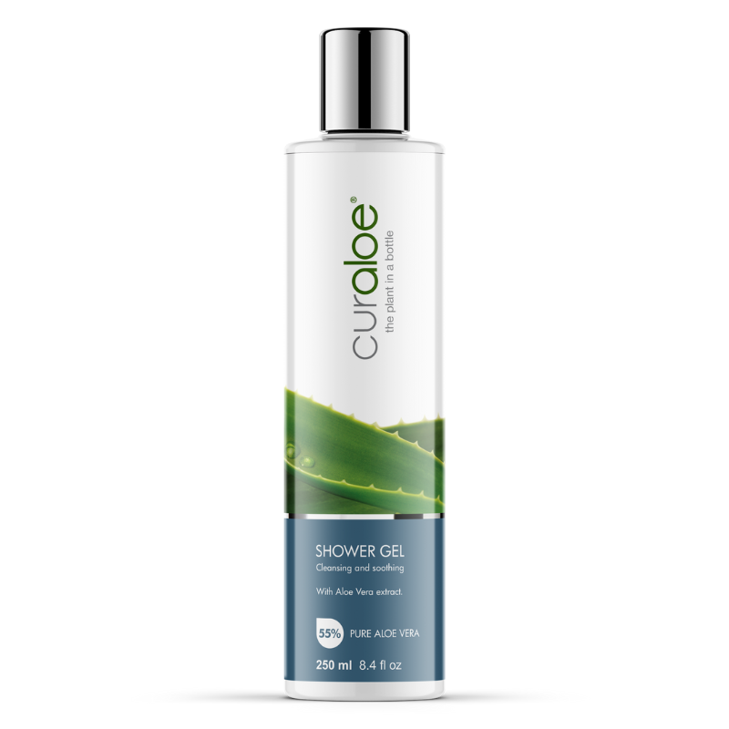 Curaloe shower gel bottle with aloe vera leaf design on a white background