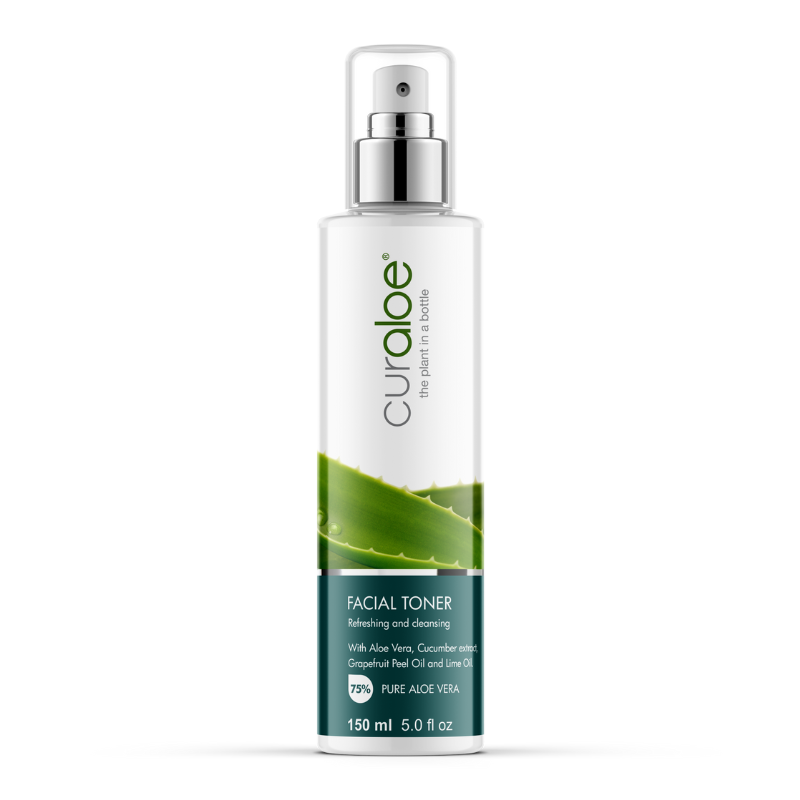 Curaloe facial toner bottle on a white background