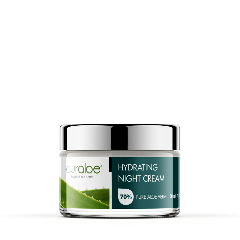 Curaloe hydrating night cream jar on a white background