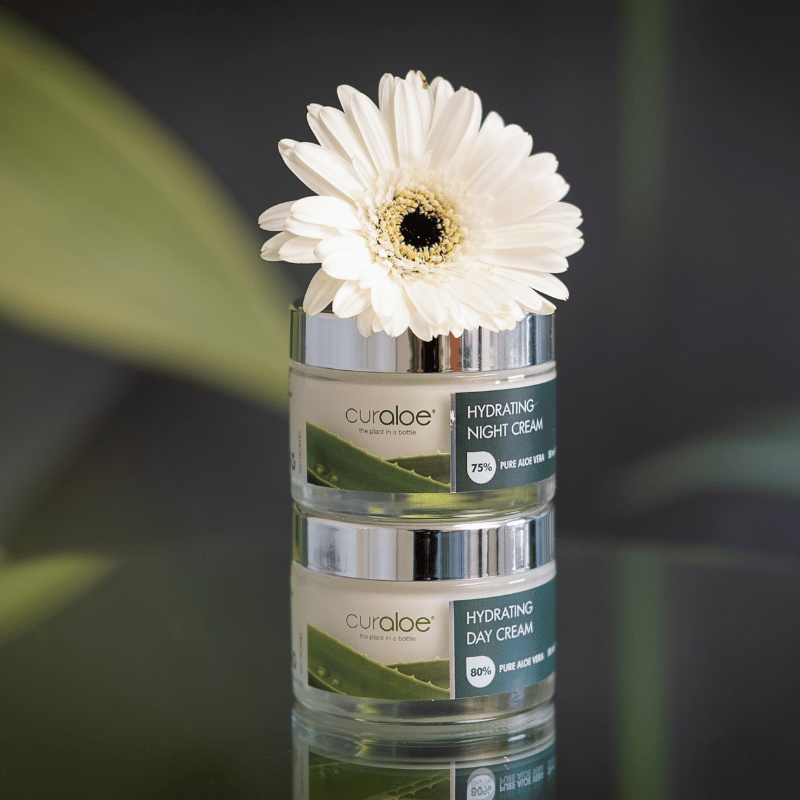 Curaloe skincare product with a white flower on a dark background