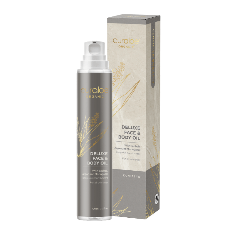 Curlace Deluxe Face & Body Oil with packaging on a white background