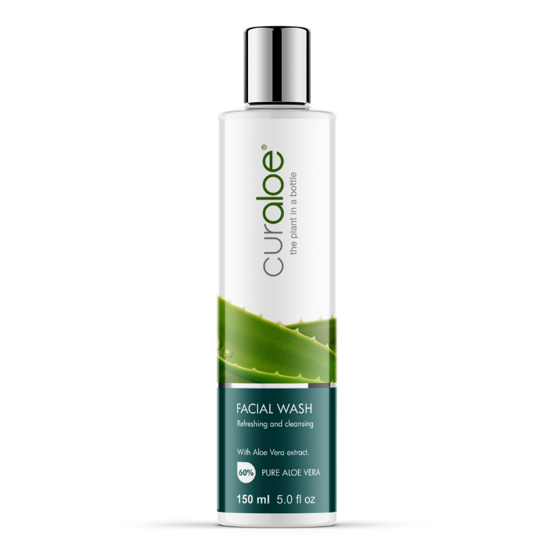 Curaloe facial wash bottle with aloe vera illustration on a white background