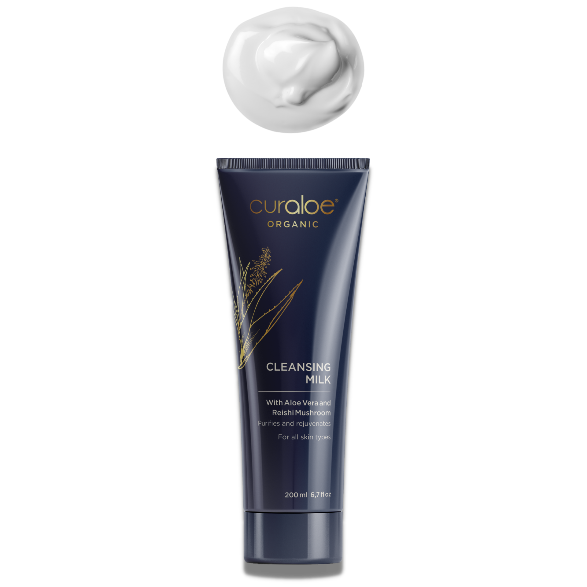A tube of Curaloe Organic Cleansing Milk with a cotton pad beside it, against a white background.