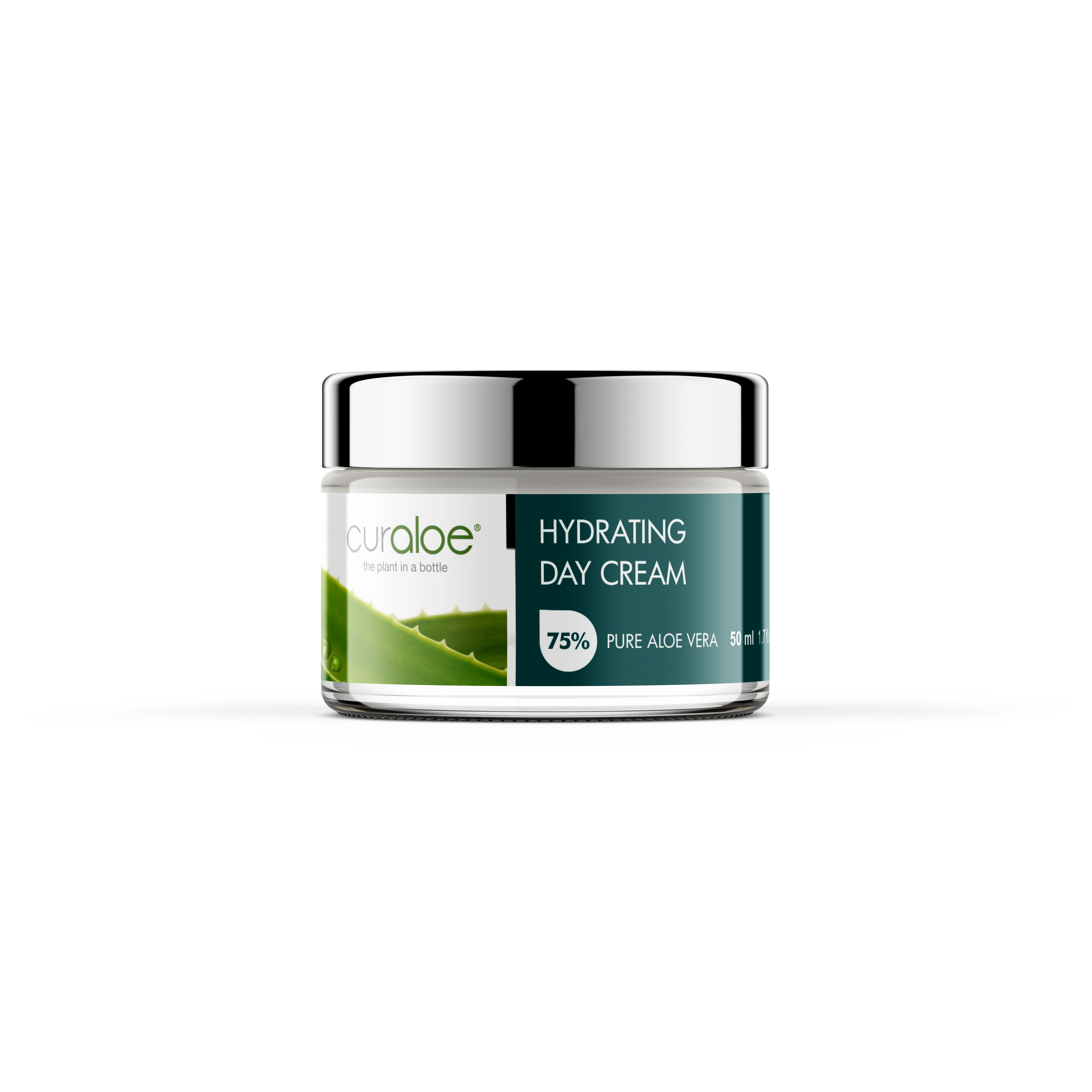A jar of Curaloe Hydrating Day Cream with a label showing 75% pure aloe vera juice.