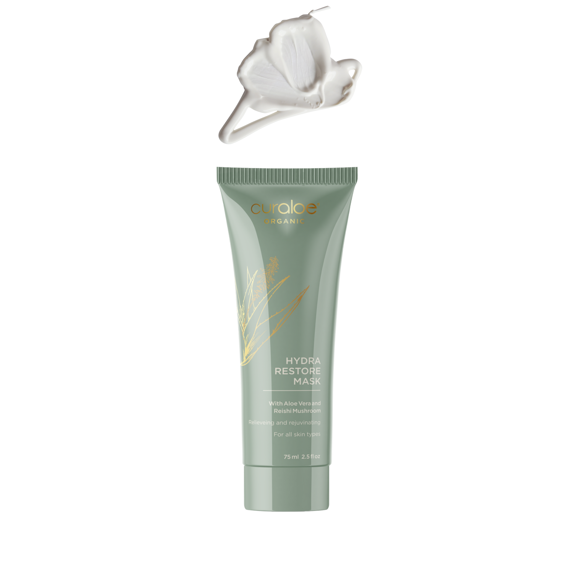 A tube of Curaloe Hydra Restore Mask with a creamy texture being applied to skin, set against a white background.