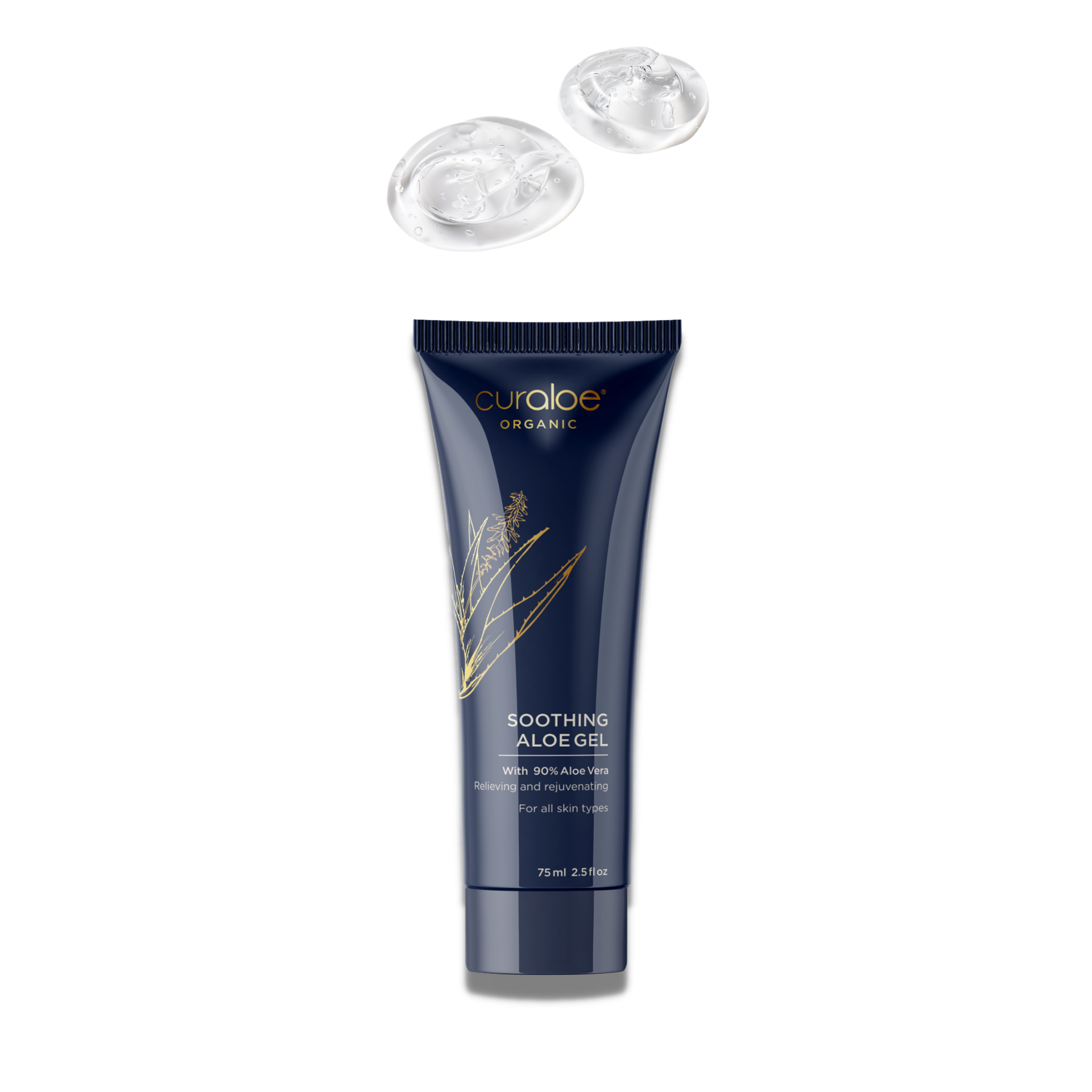 A tube of Curaloe organic soothing aloe gel with a clear gel visible through the tube, placed on a white background.