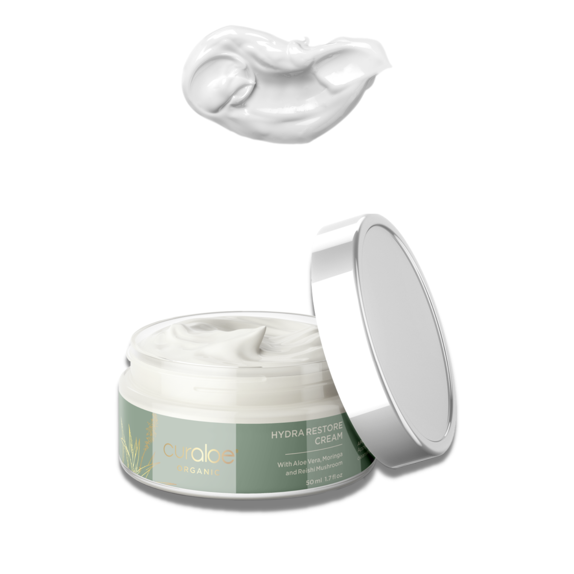 A jar of Hydra Restore Cream Organic with its lid removed, showing the cream inside. There is also an image of a spoonful of the cream.